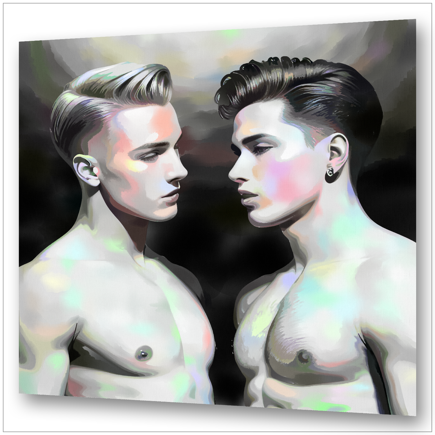 Zwei junge Männer in intimer Nähe - SW-Foto mit Aquarell übermalt - Gay Art Wandbild
