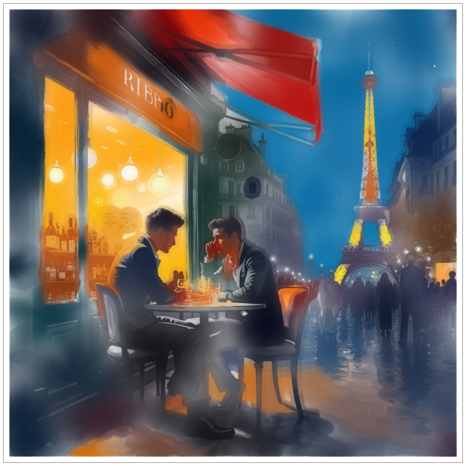 Zwei Männer im Pariser Nachtcafé vor Eiffelturm - Aquarell Gay Love Wandbild- love is love
