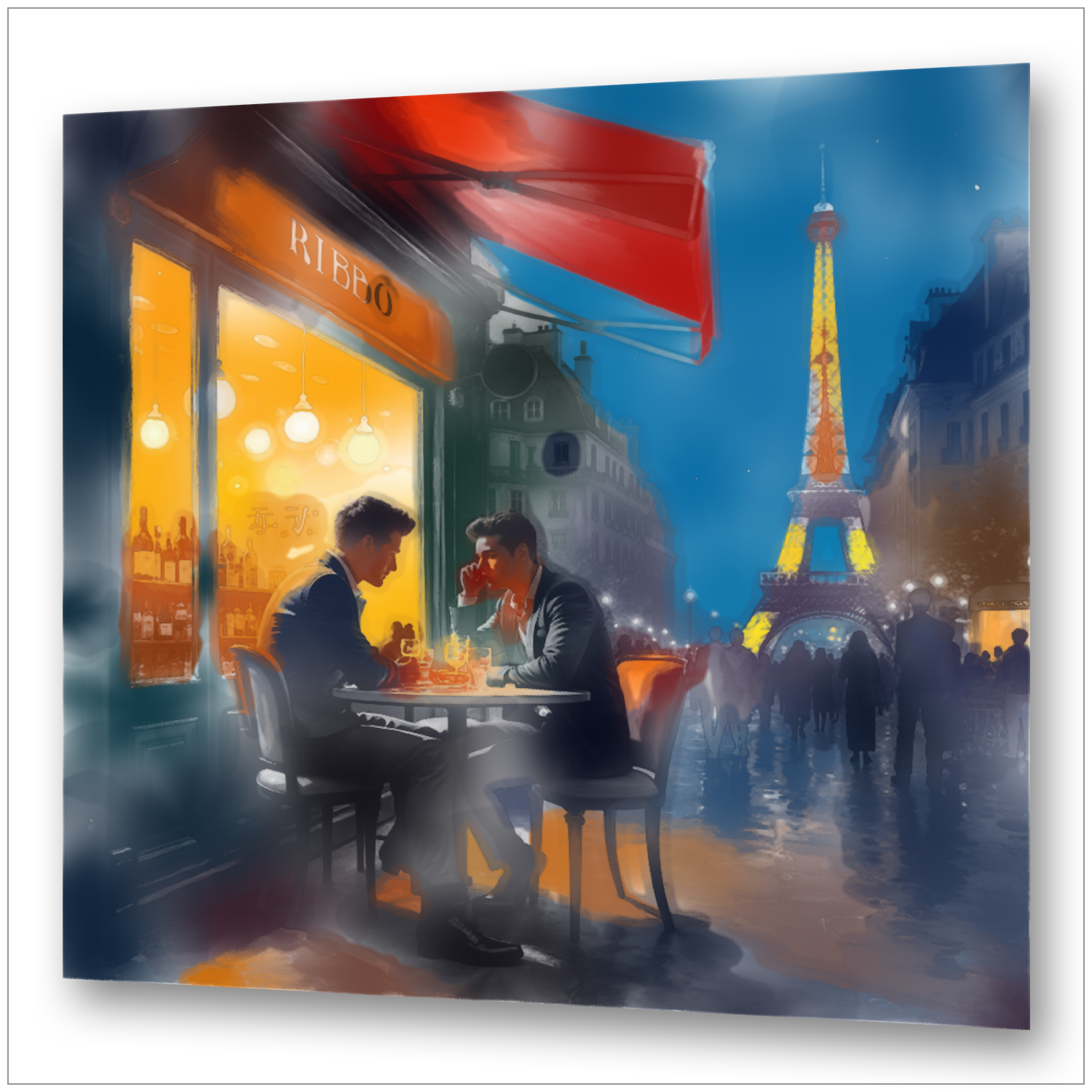 Zwei Männer im Pariser Nachtcafé vor Eiffelturm - Aquarell Gay Love Wandbild
