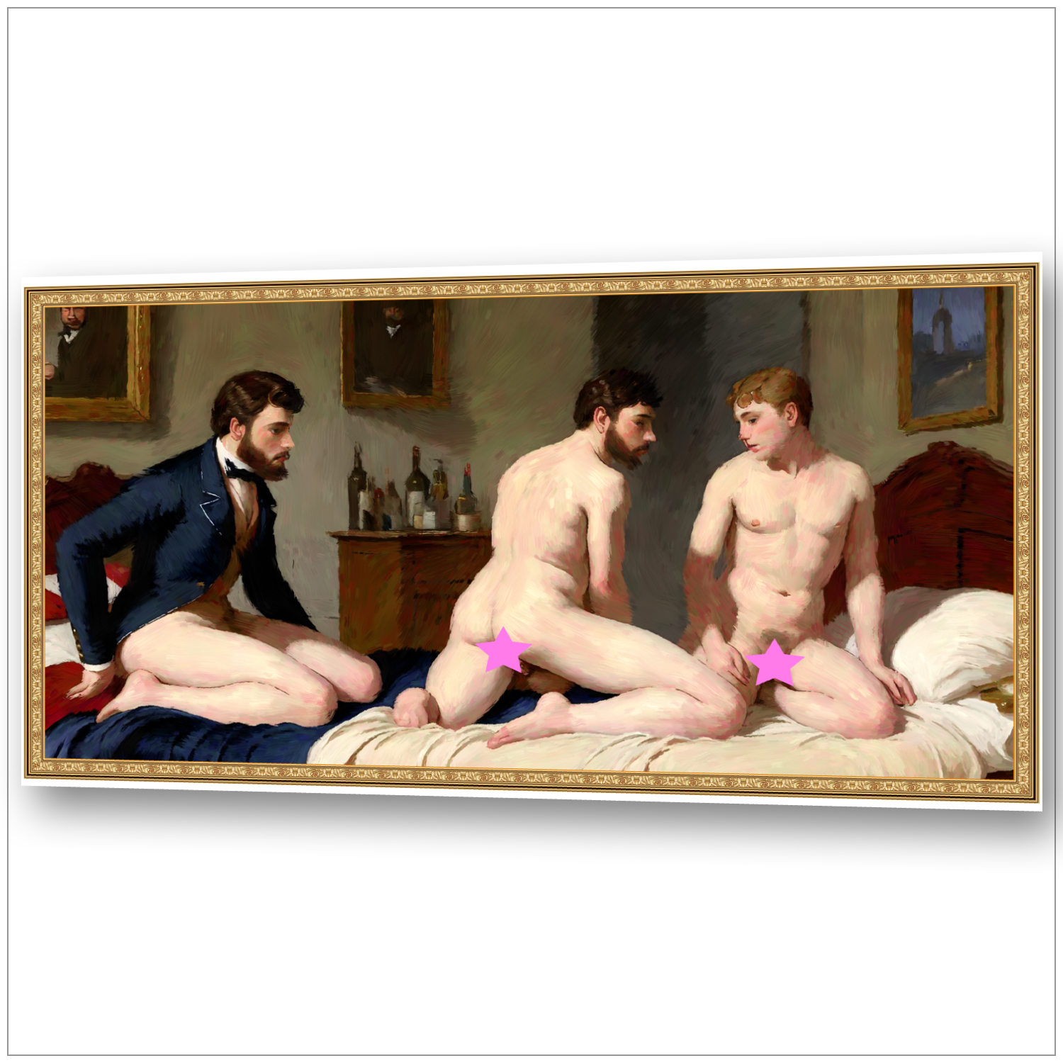 Verborgene Intimität - Historische Gay Art klassische Malerei - Drei Männer in Salon-Szene des 19. Jahrhunderts in akademischer Maltechnik
