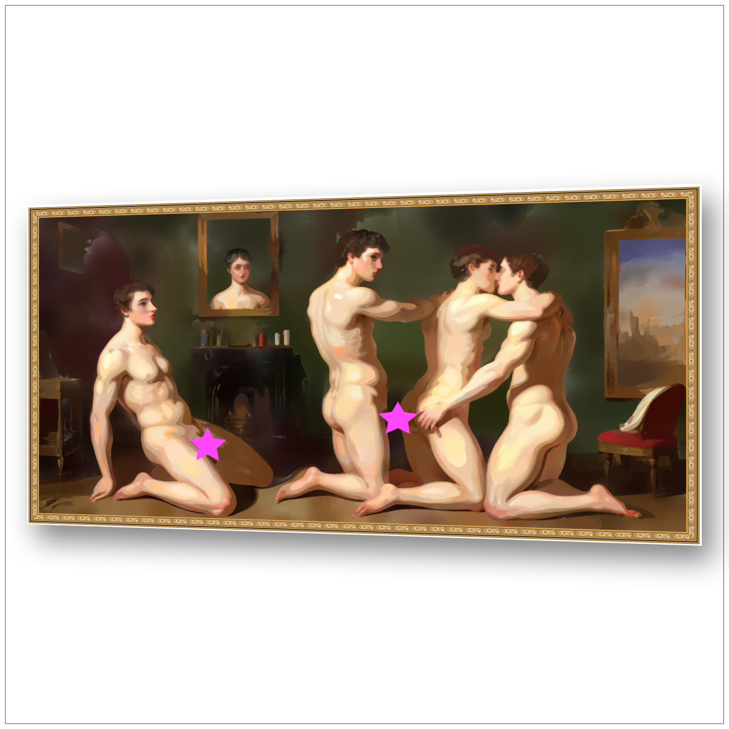 Im Fegefeuer der Lust - Erotische Gay Art Salon-Malerei - Vier Männer in erotischer Szene, klassische Salon-Malerei des 19. Jahrhunderts
