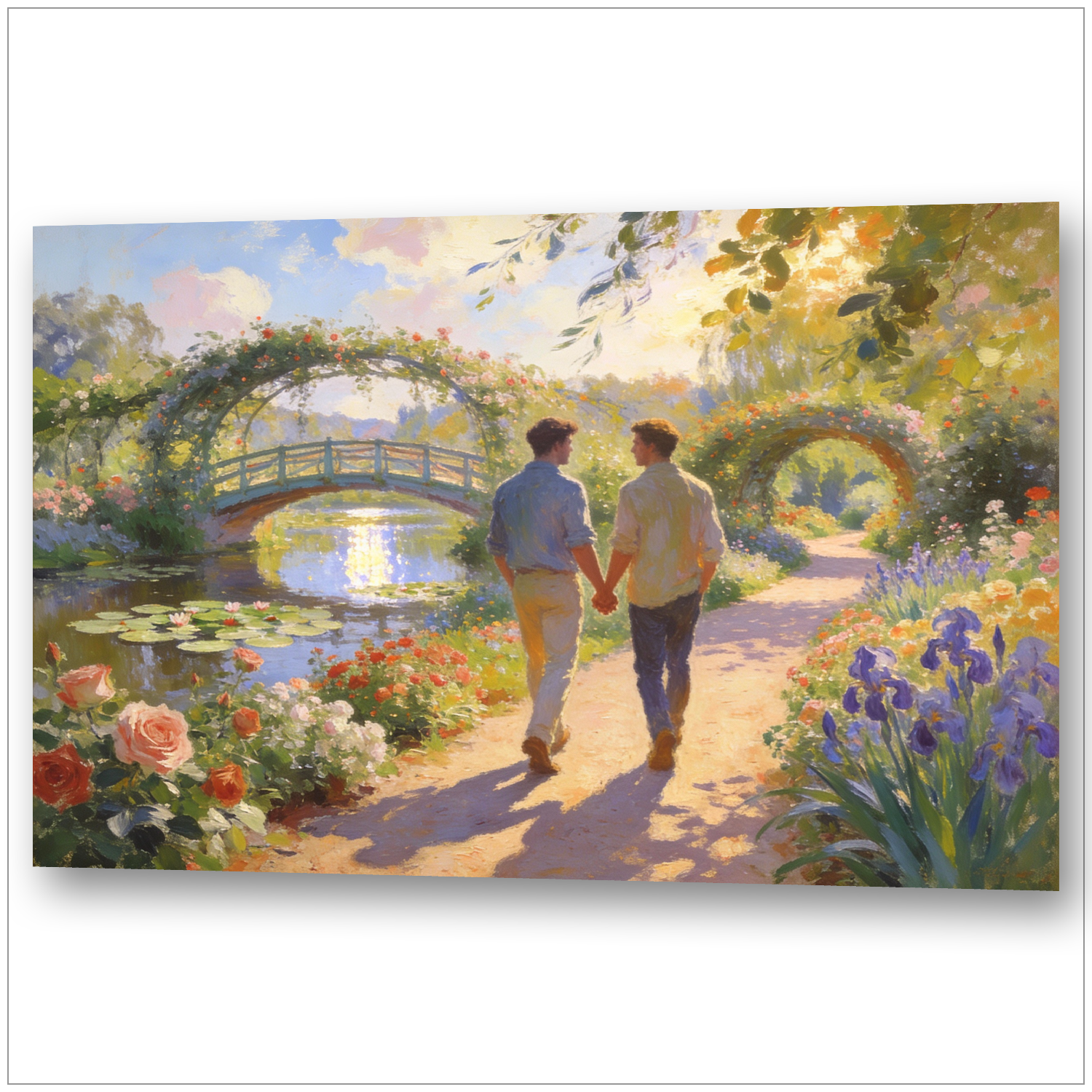 Zwe schwulei Männer Hand in Hand in Monets Garten Giverny – Impressionistische Gay Art mit japanischer Brücke
