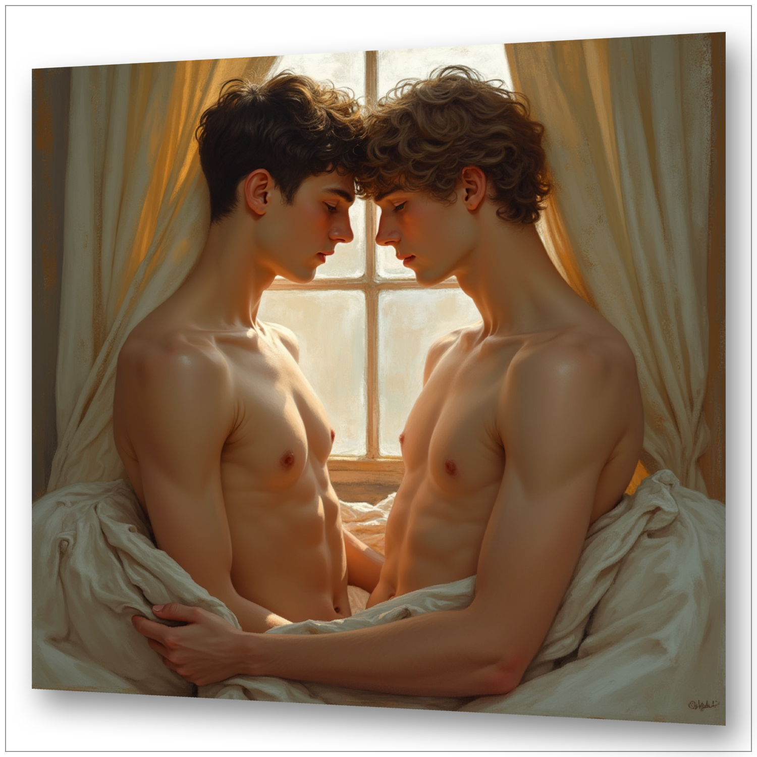 Zwei nackte Männer Stirn an Stirn am Fenster – fotorealistische Gay Art mit warmem Licht und klassischer Komposition
