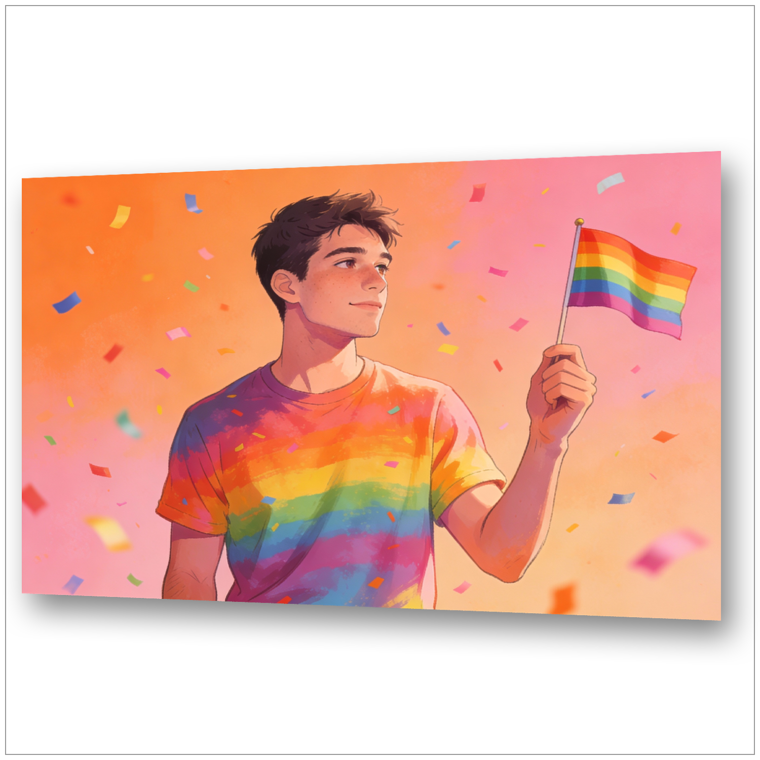 Junger Mann mit Regenbogenflagge und Rainbow-Shirt – Pride & Hope – LGBTQ+ Wandbild
