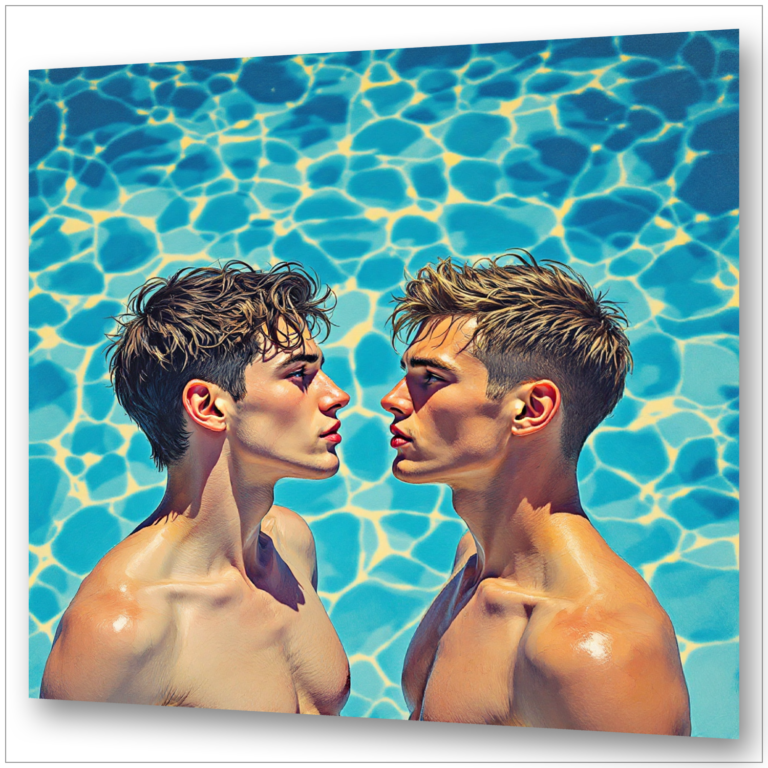 Zwei Männer im Pool – David Hockney-Stil – türkises Wasser, intensive Blicke – Gay Love Wandbild
