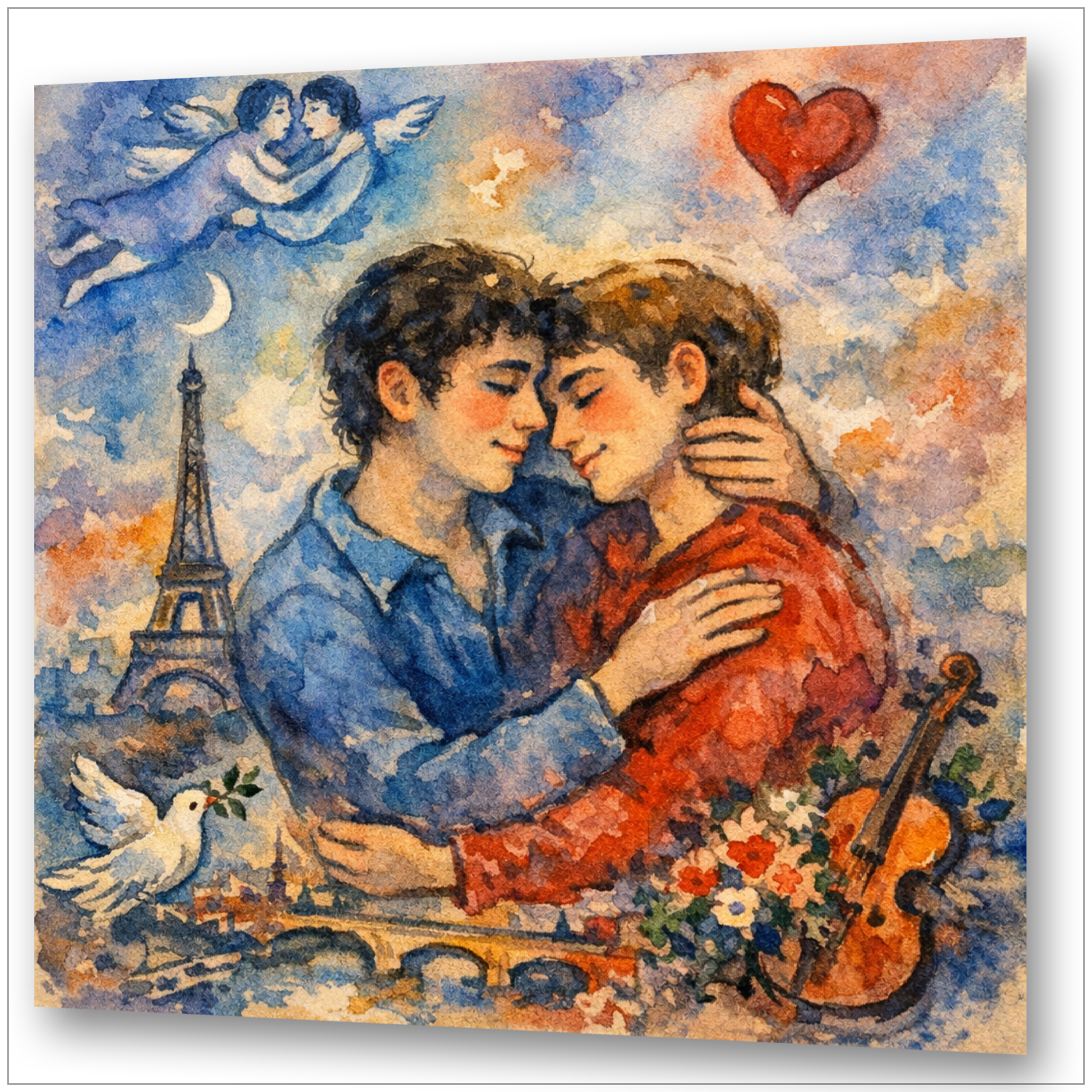 Zwei Männer schweben verliebt über Paris – Chagall-Stil Aquarell mit Engeln, Herz und Eiffelturm – Gay Love Kunst
