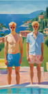 Zwei junge Männer am Pool vor Portofino-Hafen - Hockney-inspirierte Gay Art - Wandbild Keilrahmen
