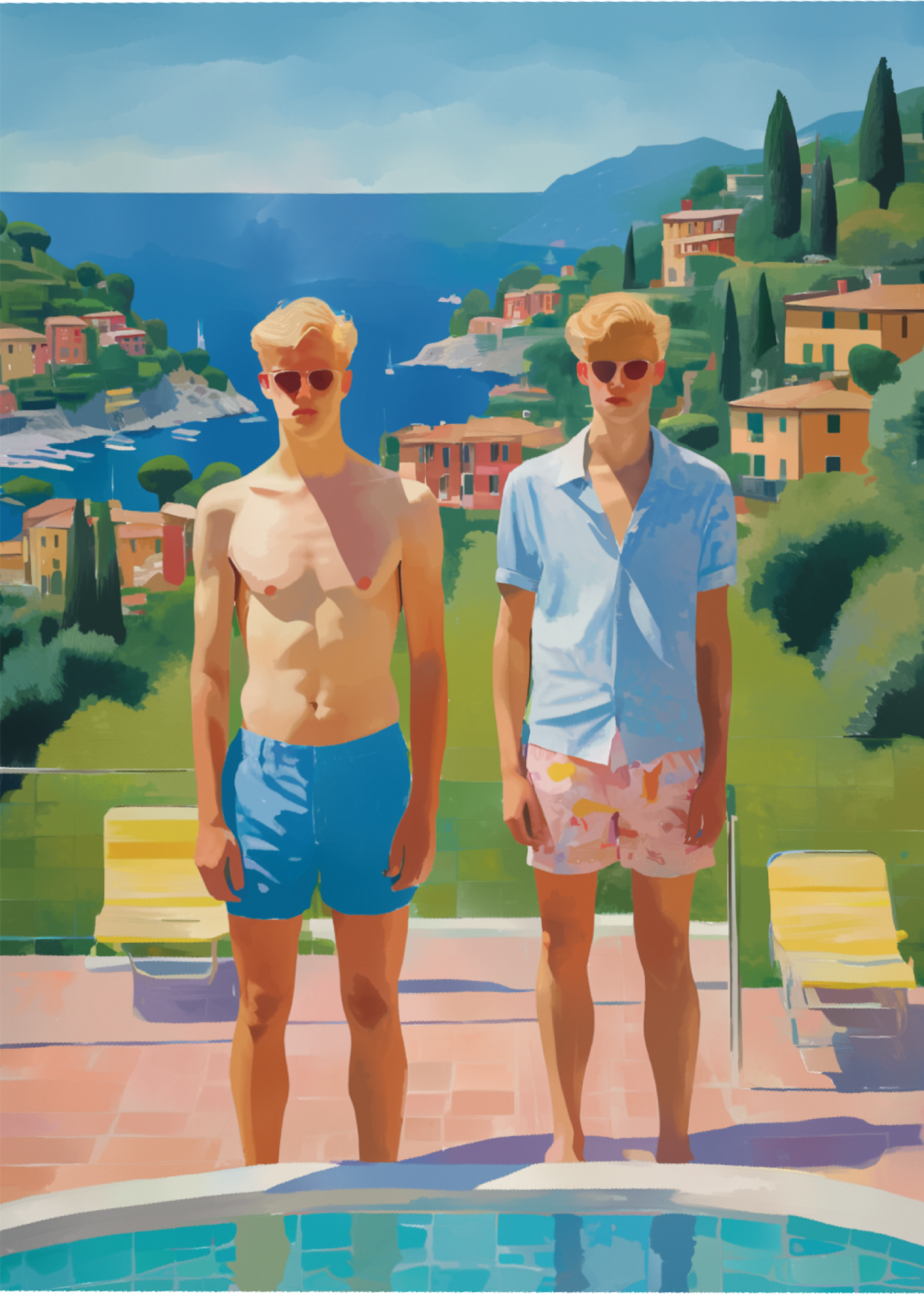 Zwei junge Männer am Pool vor Portofino-Hafen - Hockney-inspirierte Gay Art - Wandbild Keilrahmen
