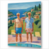 Zwei junge Männer am Pool vor Portofino-Hafen - Hockney-inspirierte Gay Art - Canvas Wandbild
