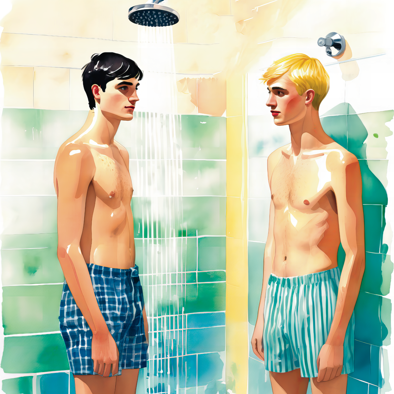 Zwei gay Twinks unter der Dusche - Hockney-inspirierte Aquarell-Illustration - Gay Love Wandbild Leinwand