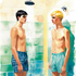 Zwei gay Twinks unter der Dusche - Hockney-inspirierte Aquarell-Illustration - Gay Love Wandbild Leinwand