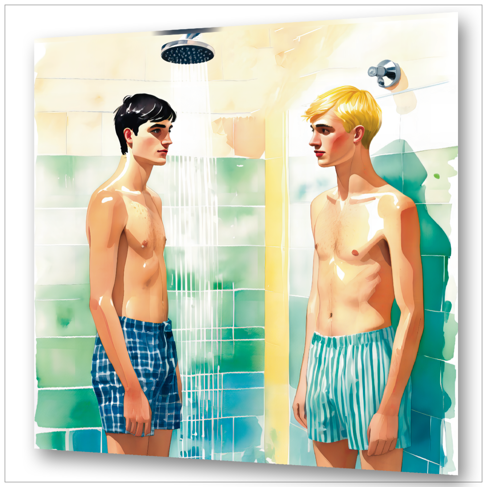 Zwei junge Männer in Boxershorts unter der Dusche - Hockney-inspirierte Aquarell-Illustration - Gay Love Wandbild
