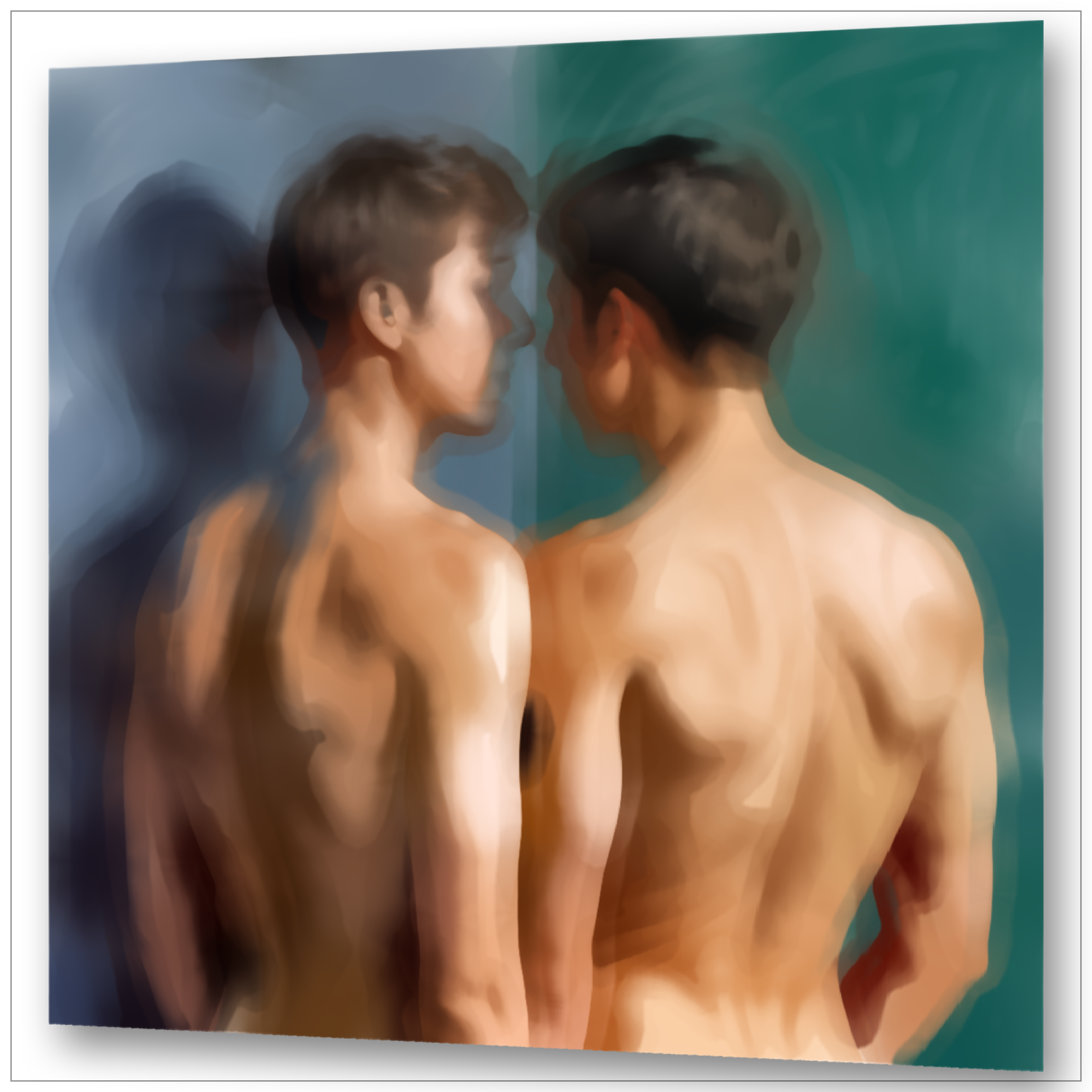 Zwei Männer von hinten vor türkis-grünem Hintergrund - Impressionistische Malerei mit warmen Hauttönen - Gay Love Wandbild - LGBTQ+ Kunst
