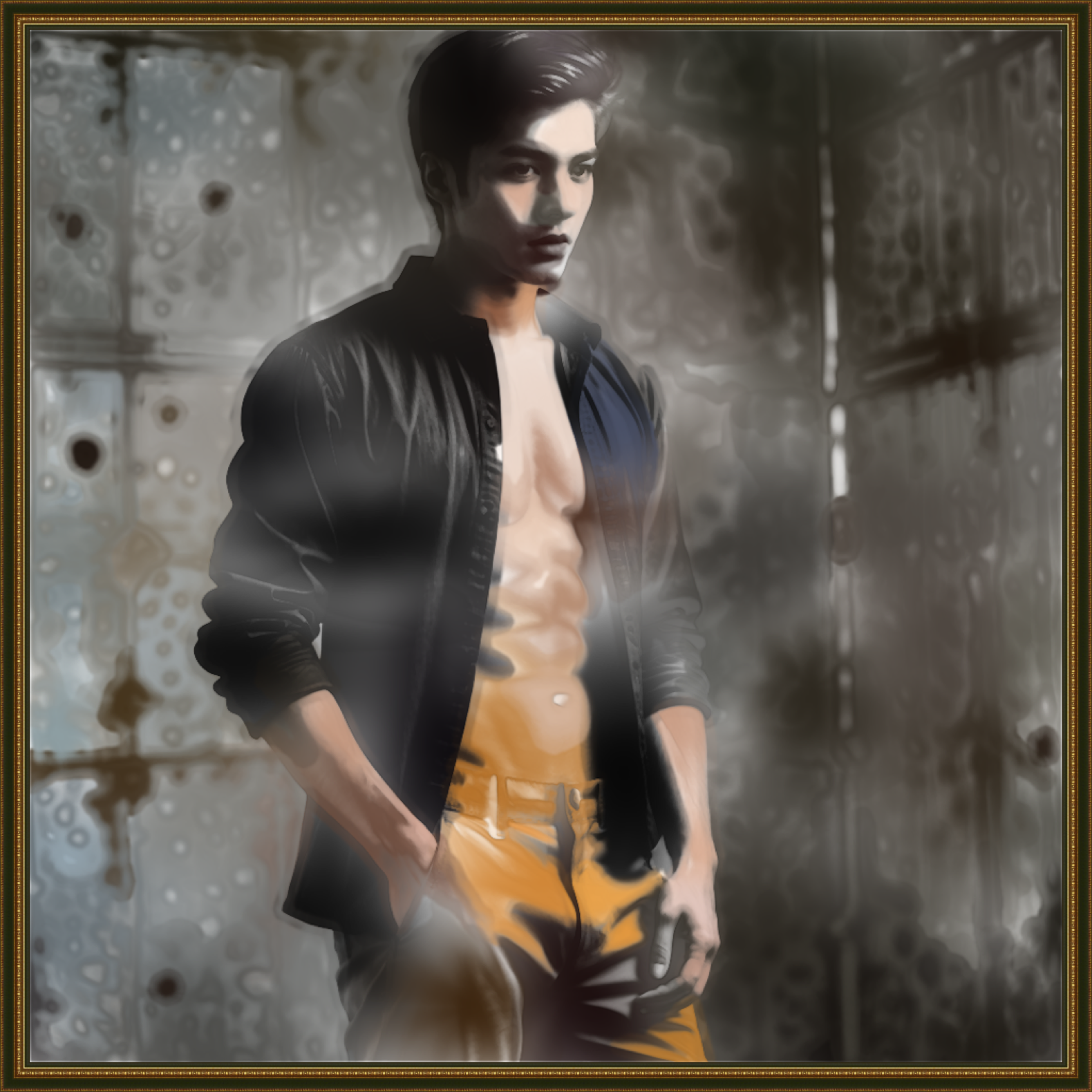 Mann vor urbaner Betonwand - Selbstbewusste Porträt-Malerei mit gedrucktem Goldrahmen - Wandbild - LGBTQ+ Kunst
