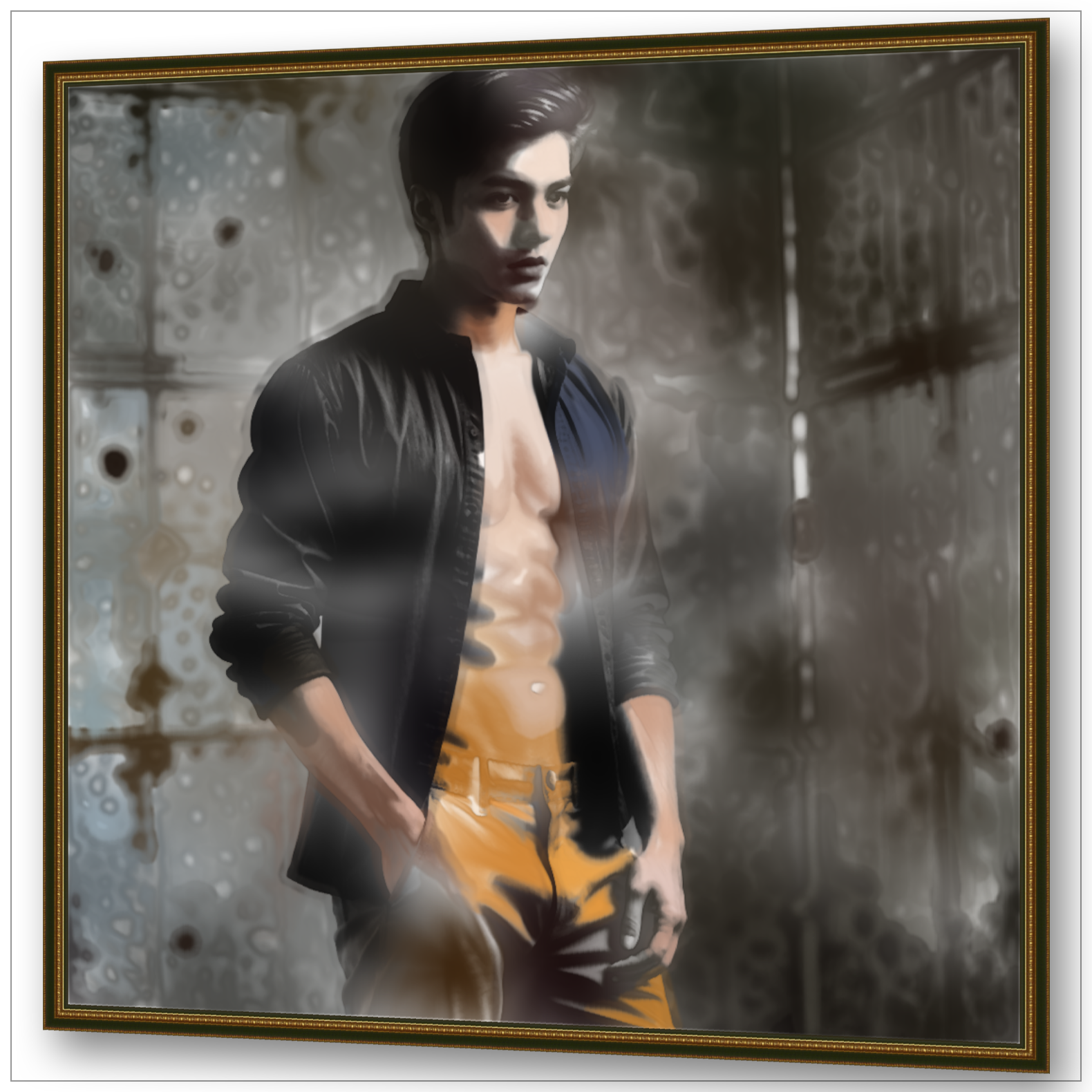 Junger Mann vor urbaner Betonwand - Selbstbewusste Porträt-Malerei mit gedrucktem Goldrahmen - Gay Love Wandbild - LGBTQ+ Kunst
