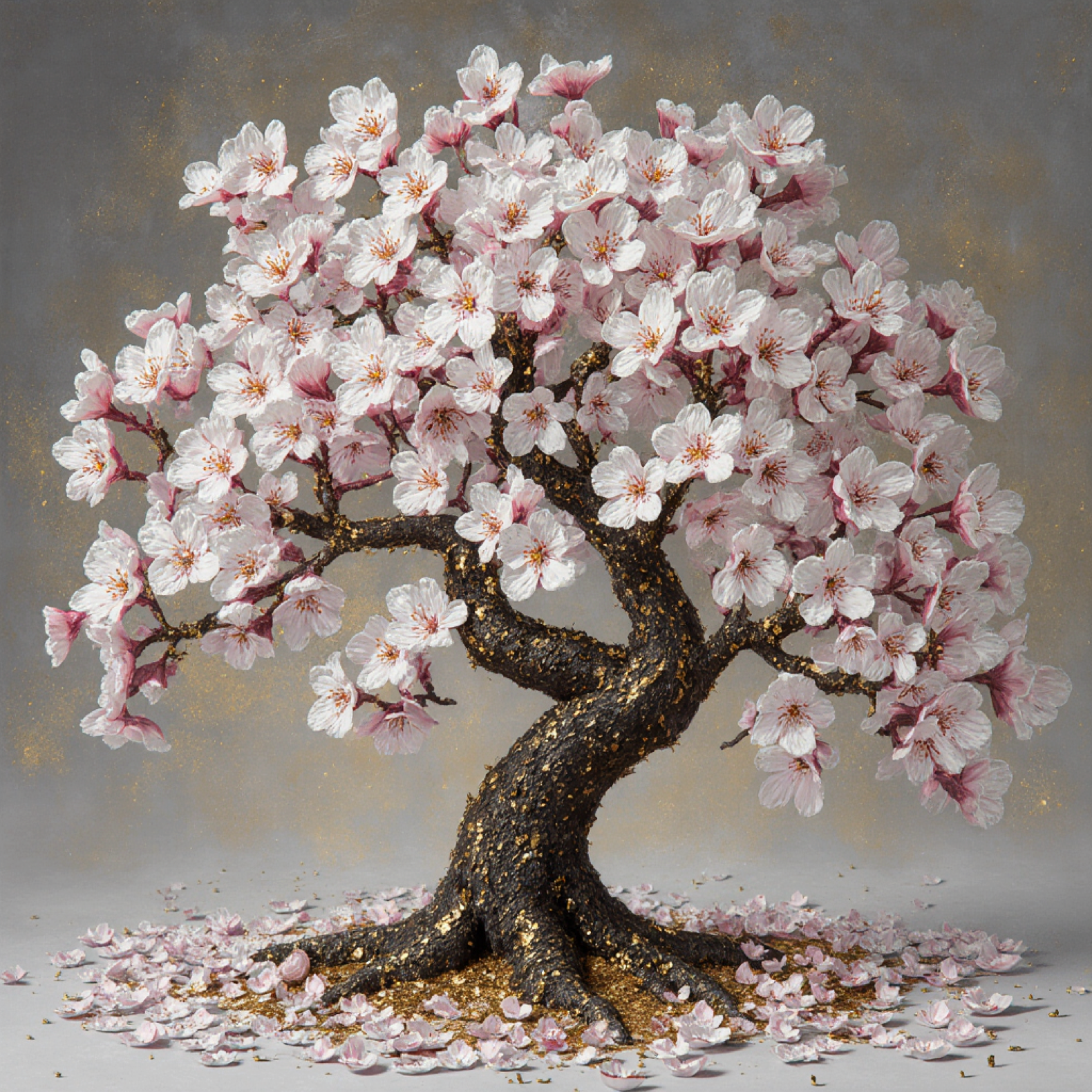 Kirschblütenbaum Sakura - Japanische Kunst - Rosa-weiße Blüten mit goldenem Stamm - Wandbild Leinwand
