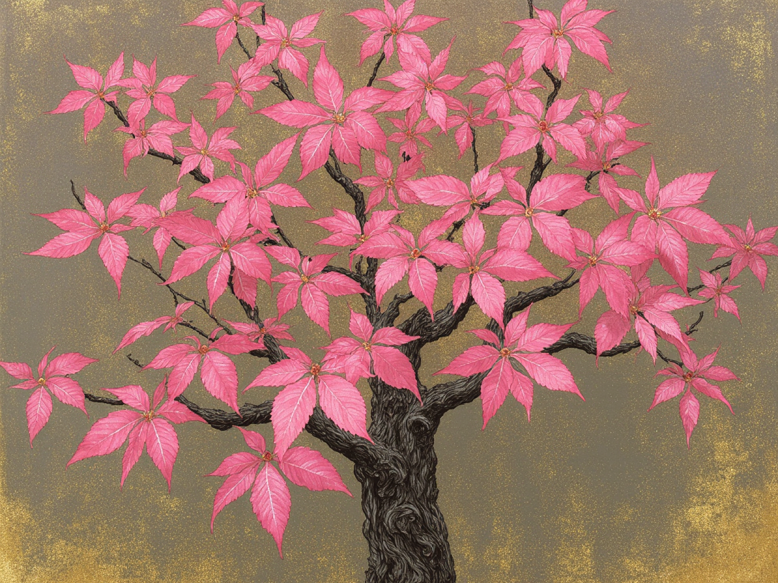 Japanische Kunst Tradition - Leuchtend pink-magenta Blätter mit schwarzem Stamm - kostbare zeichnung