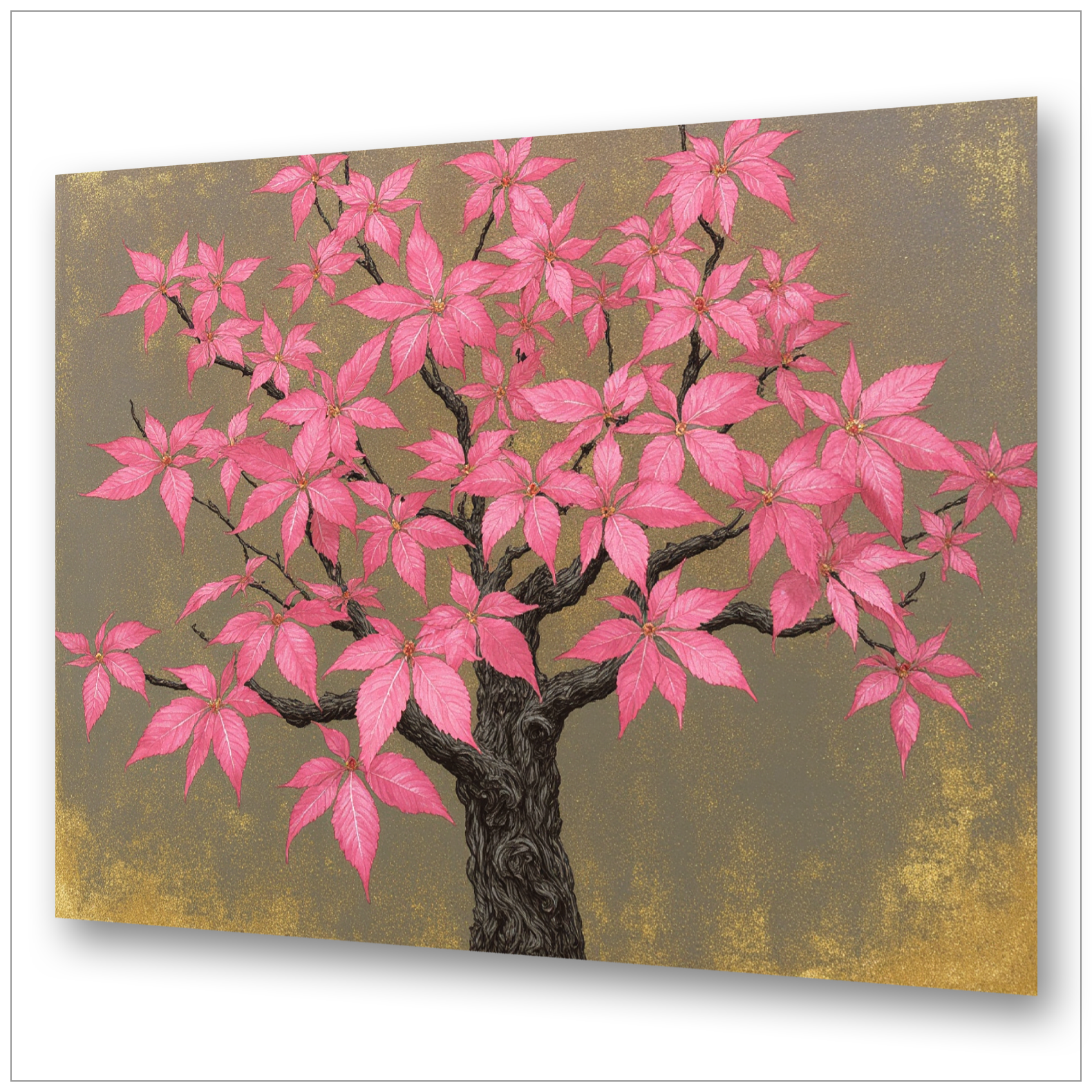 Pinker Blütenbaum - Japanische Kunst - Leuchtend pink-magenta Blätter mit schwarzem Stamm - Canvas Wandbild
