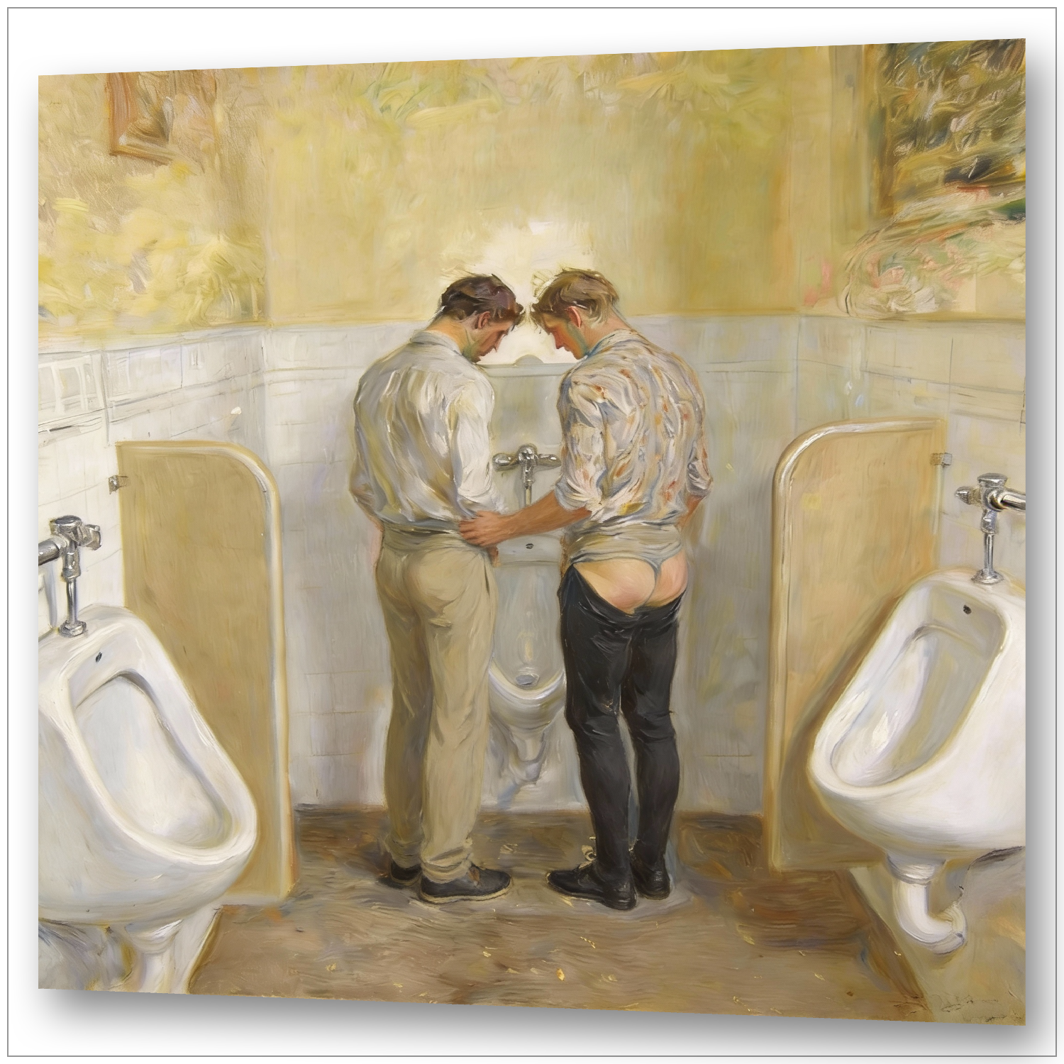 Zwei Männer am Urinal in öffentlicher Toilette - Renoir-Stil Impressionismus mit weichen Pinselstrichen und warmen Beige-Gold-Tönen