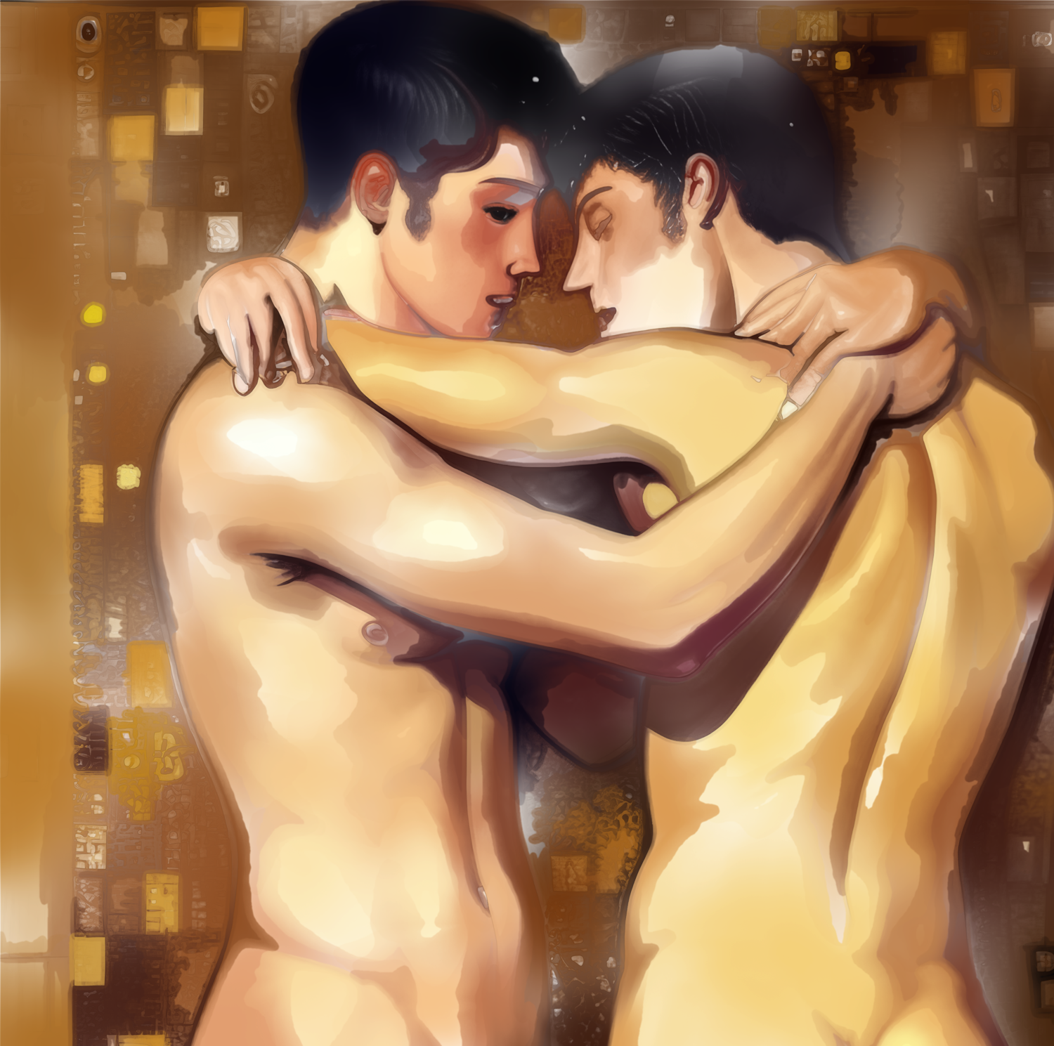 Zwei Männer in Umarmung - Klimt-Inspiration - Goldene Ornamente - Gay Fine Art Wandbild
