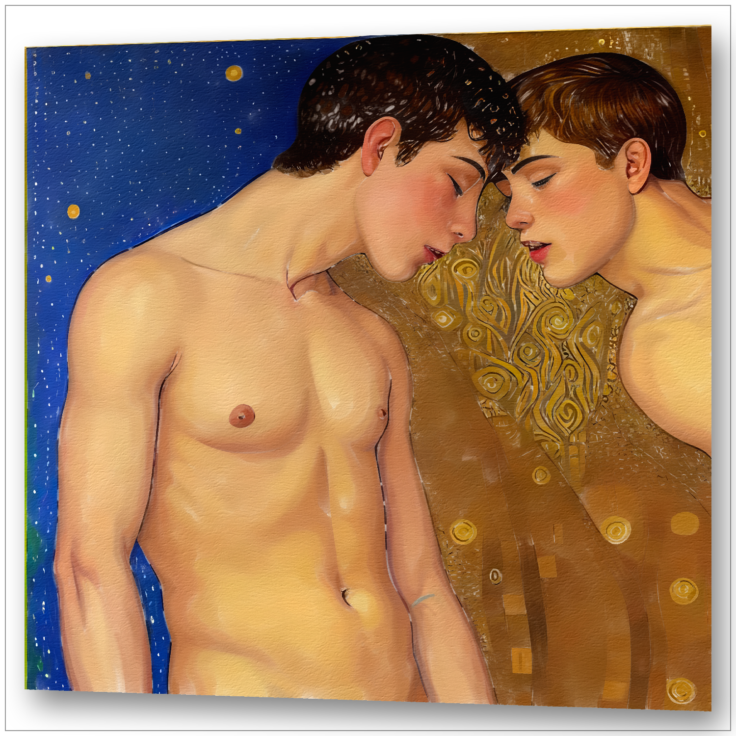 Zwei Männer zwischen Nacht und Gold - Klimt-Inspiration - Ornamentales Band - Gay Fine Art kunstdruck
