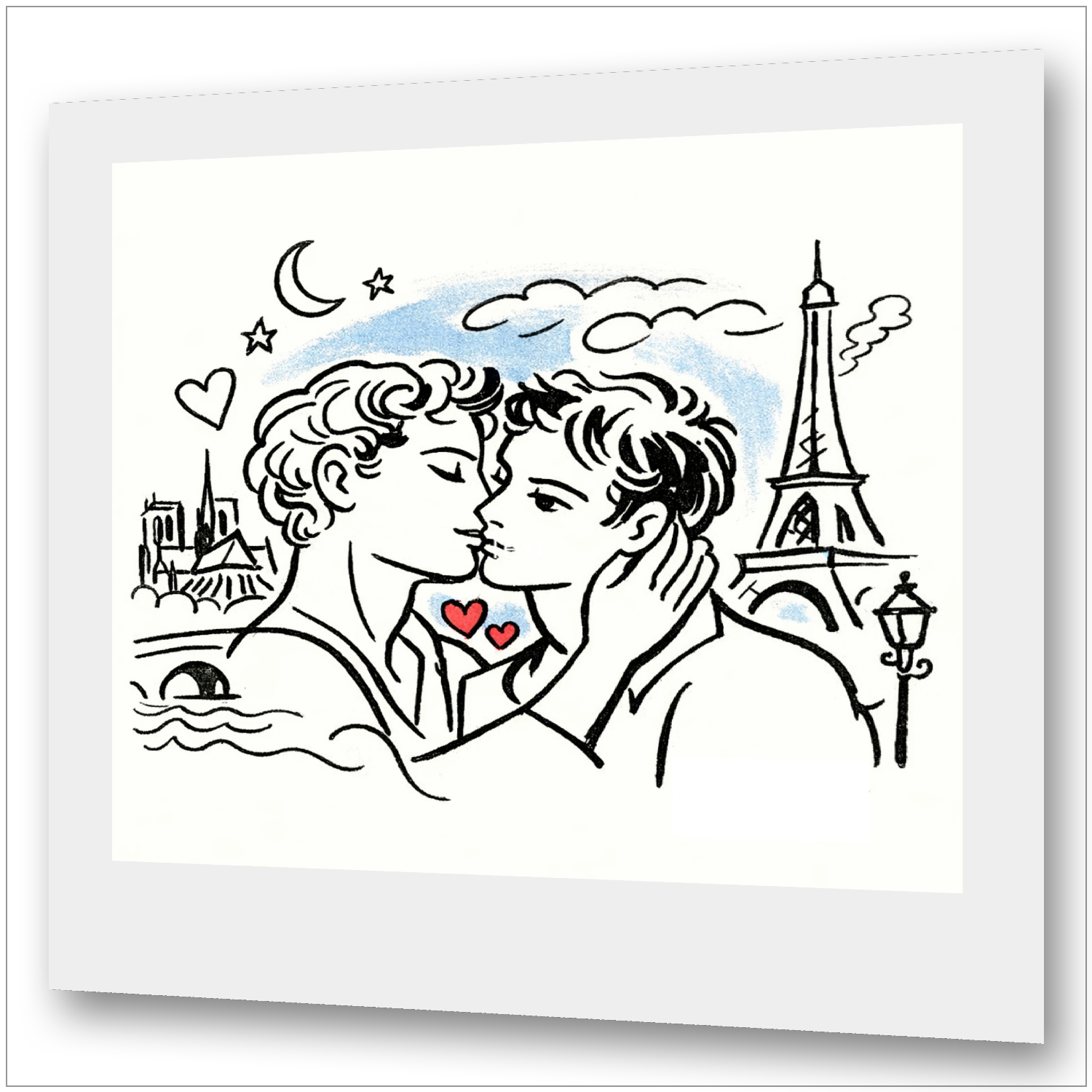 Seine Paris Gay Love - Notre-Dame Eiffelturm - Cocteau-Stil Linienzeichnung Canvas

