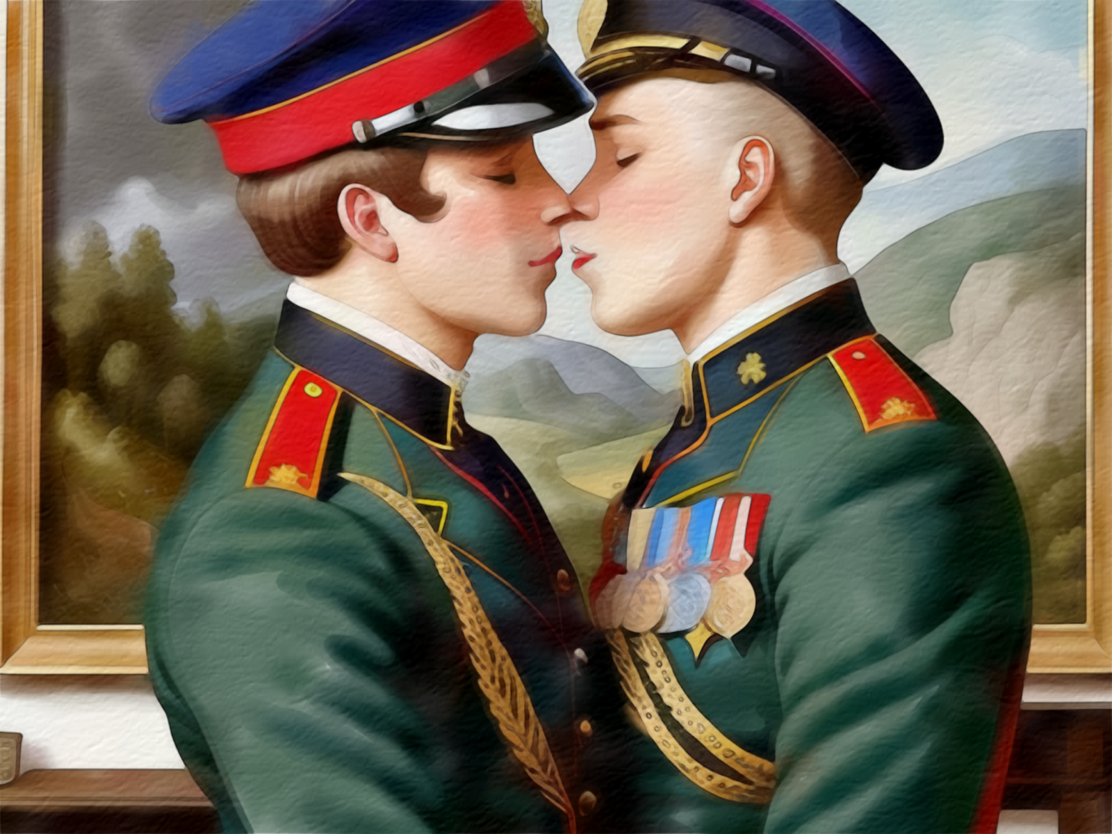 Preußische Offiziere in Uniformen küssen sich - Make Love not war in Preussen - Gay Art Wandbild im Menzel-Stil
