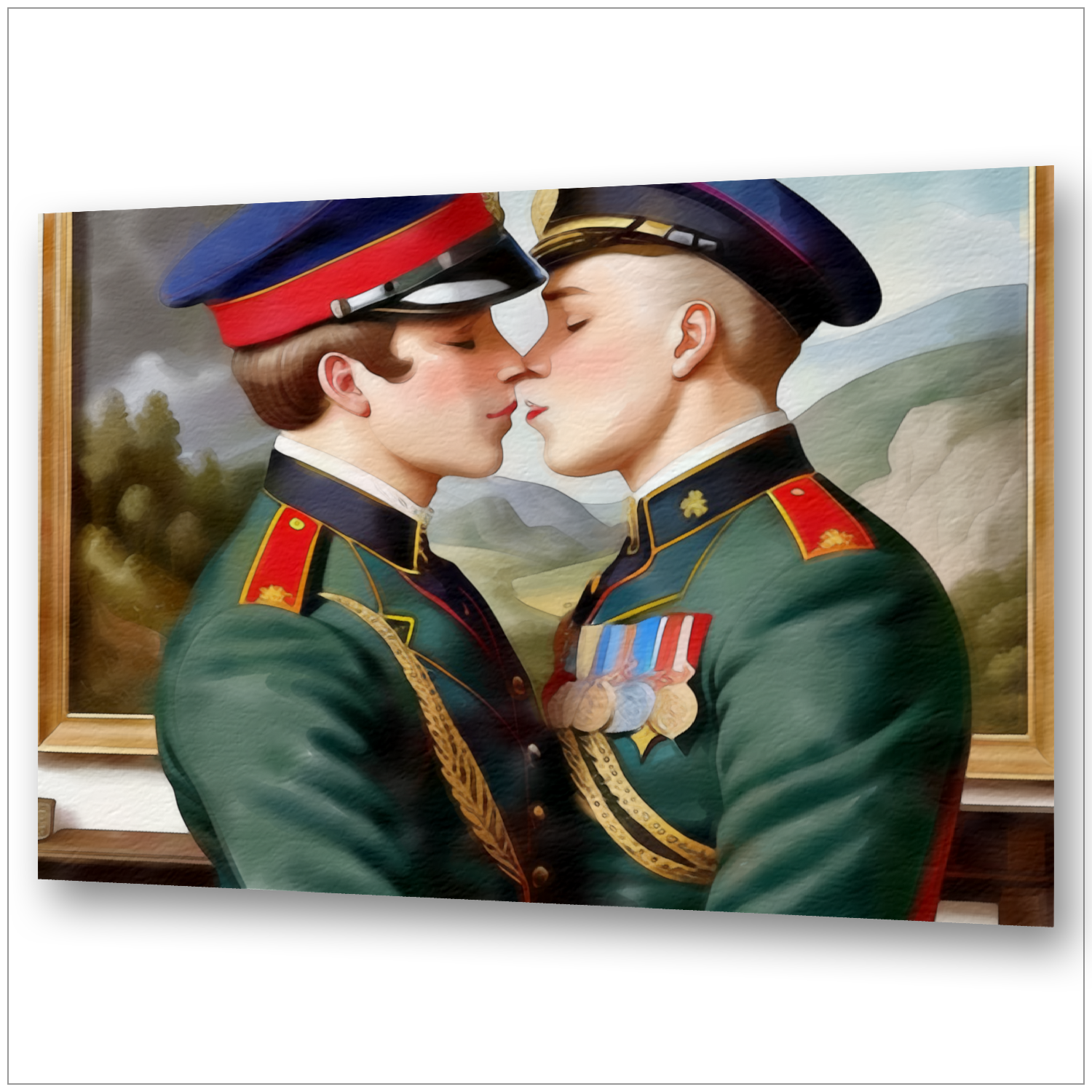 Zwei preußische Offiziere in grünen Uniformen mit roten Kragenpaspeln küssen sich - Gay Art Wandbild im Menzel-Stil
