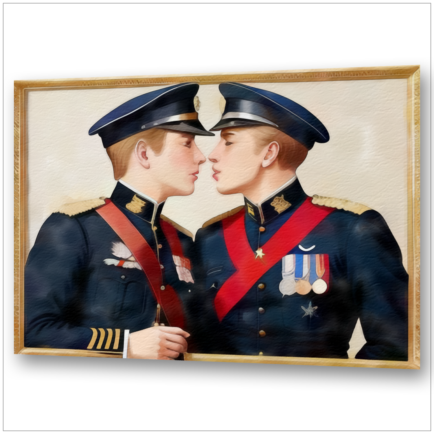 Zwei preußische Admirale in dunkelblauen Uniformen mit roten Schärpen kurz vor dem Kuss - Gay Art Wandbild im Menzel-Stil
