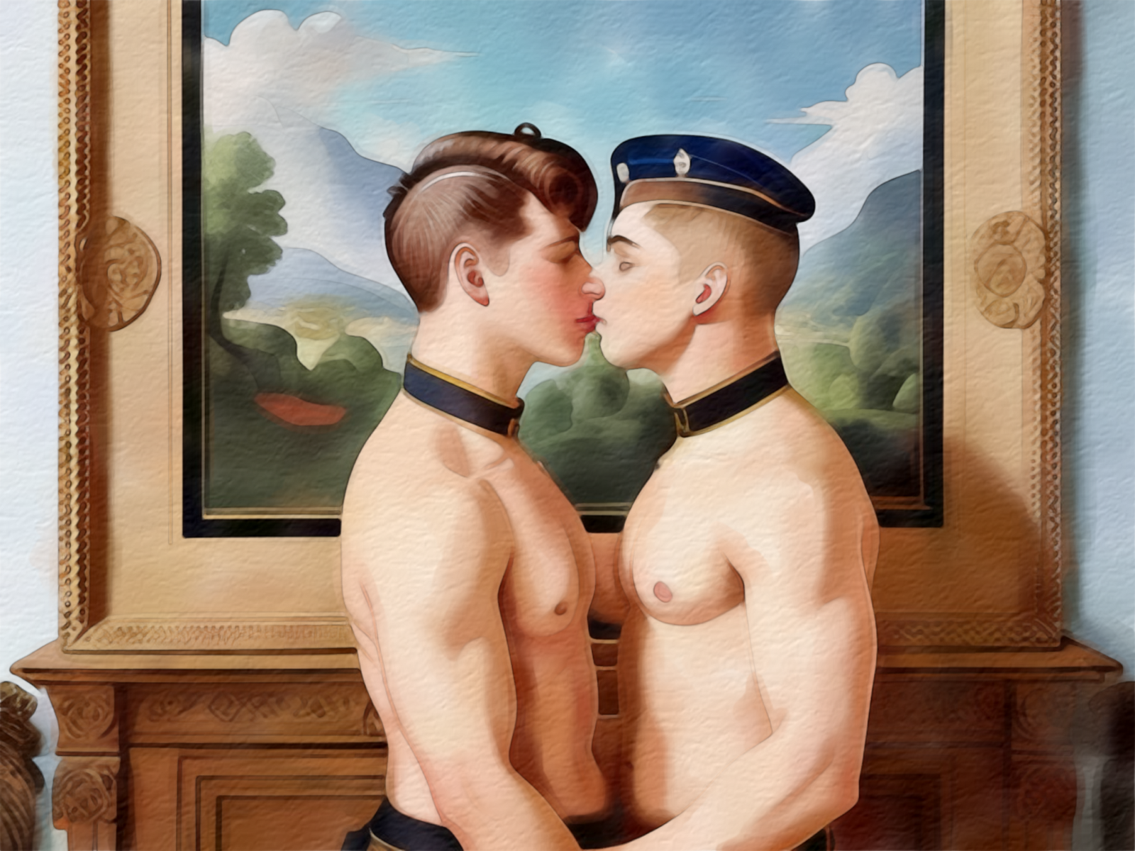 Zwei oberkörperfreie junge Männer mit preußischen Uniformkragen und Mütze küssen sich - Gay Art Wandbild im Menzel-Stil
