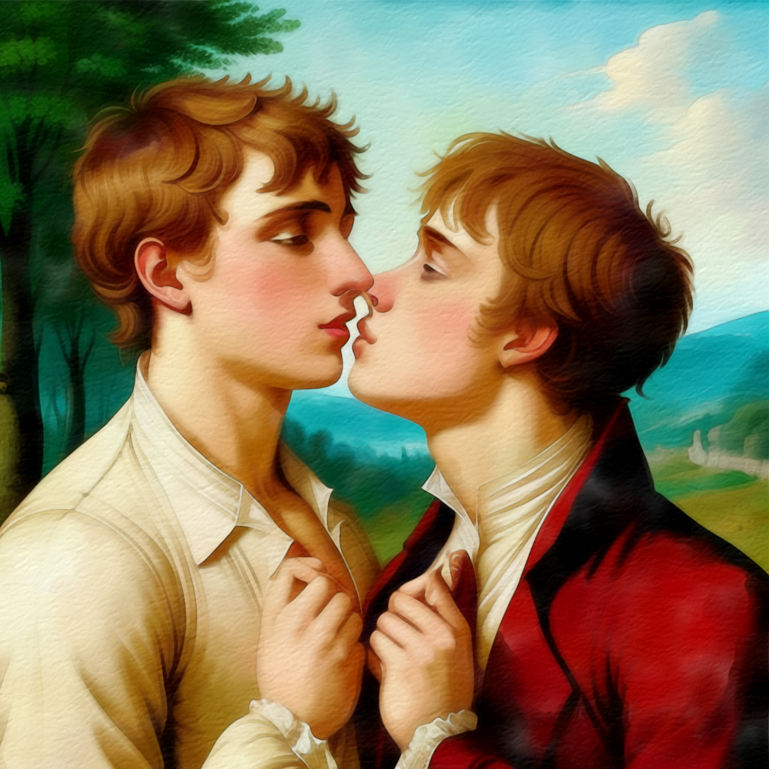 Zwei junge Männer in innigem Kuss - Romantische Landschaft - Canvas Wandbild - Gay Love trifft Nazarener
