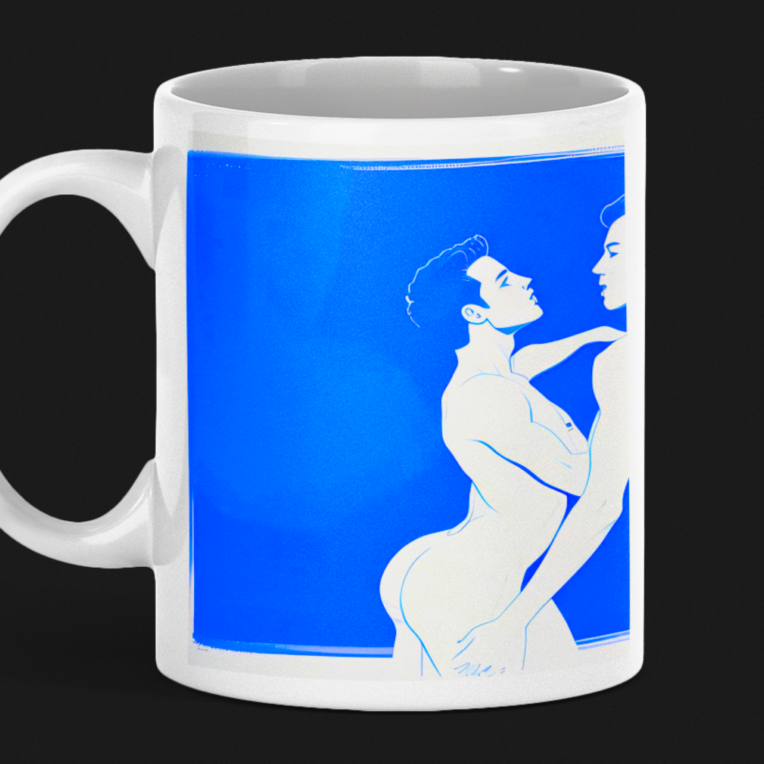 Zwei Männer in zärtlicher Umarmung - Minimalistischer Aquarell-Stil in Blau und Weiß - Blue Boys Premium Tasse - Gay Fine Art
