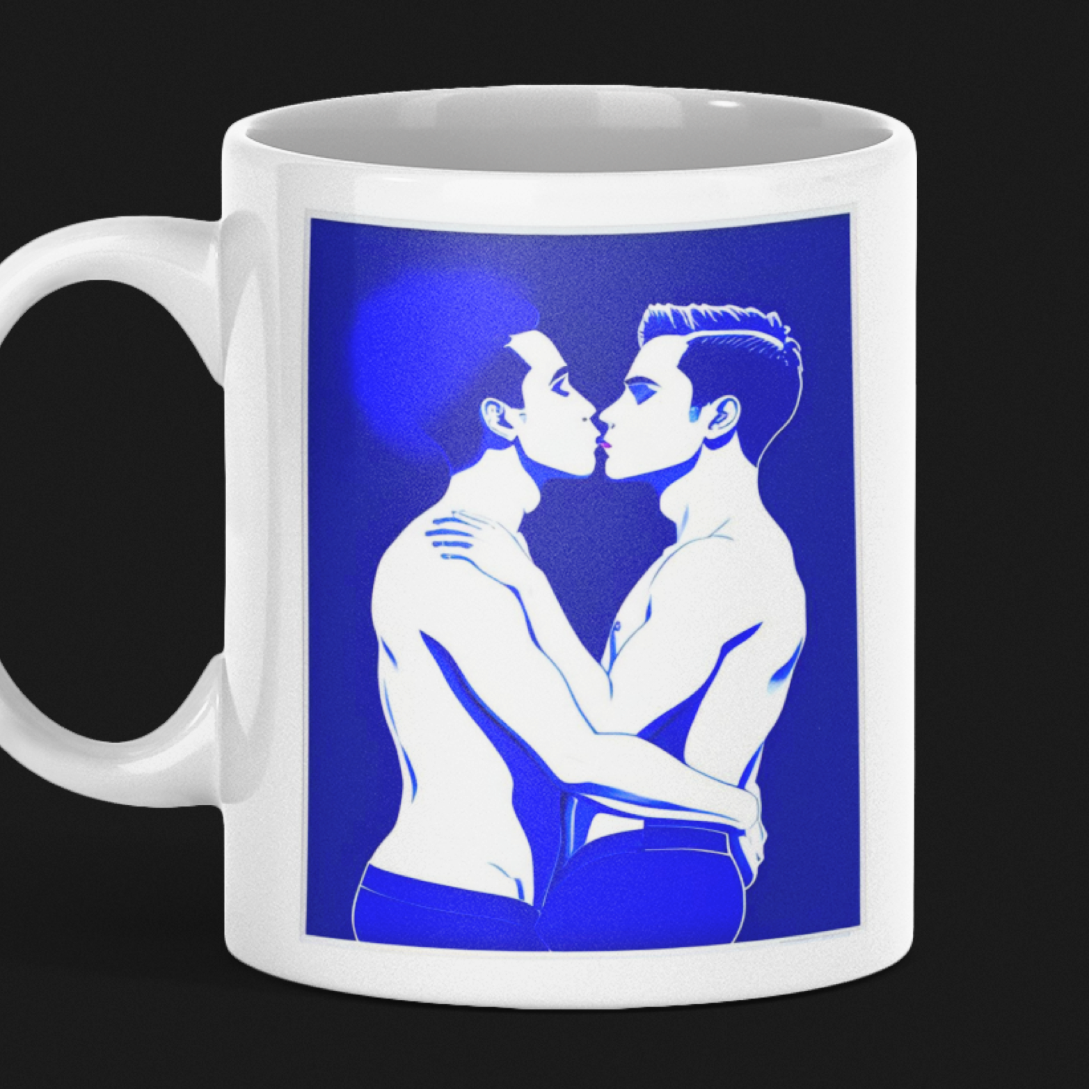 Zwei Männer im Kuss - Grafischer Stil mit starken Blau-Weiß-Kontrasten - Blue Boys Premium Tasse - Gay Fine Art
