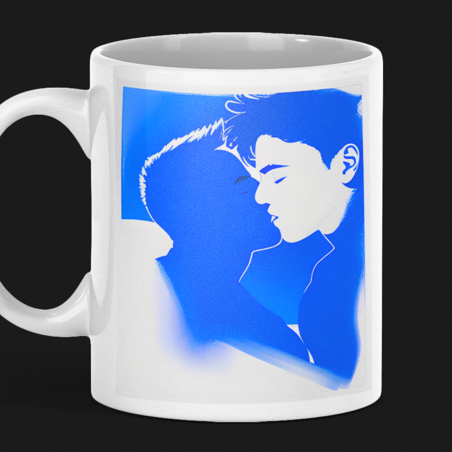Zwei Männer im Kuss - Grafische Profilansicht in Blau und Weiß - Blue Boys Premium Tasse - Gay Fine Art

