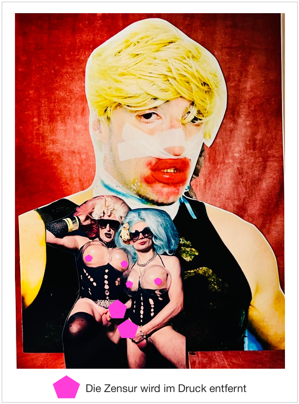 Drag mit blonder Perücke - Pop Art Collage in Rot und Gelb - Gay Art - Canvas Wandbild - Tim Lienhard
