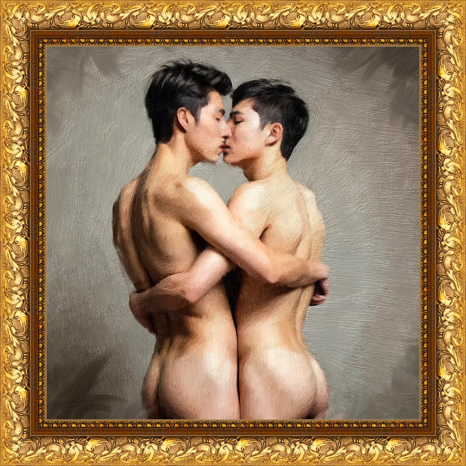 Ornamente Goldrahmen-Porträt zweier nackter Männer in zärtlichem Kuss