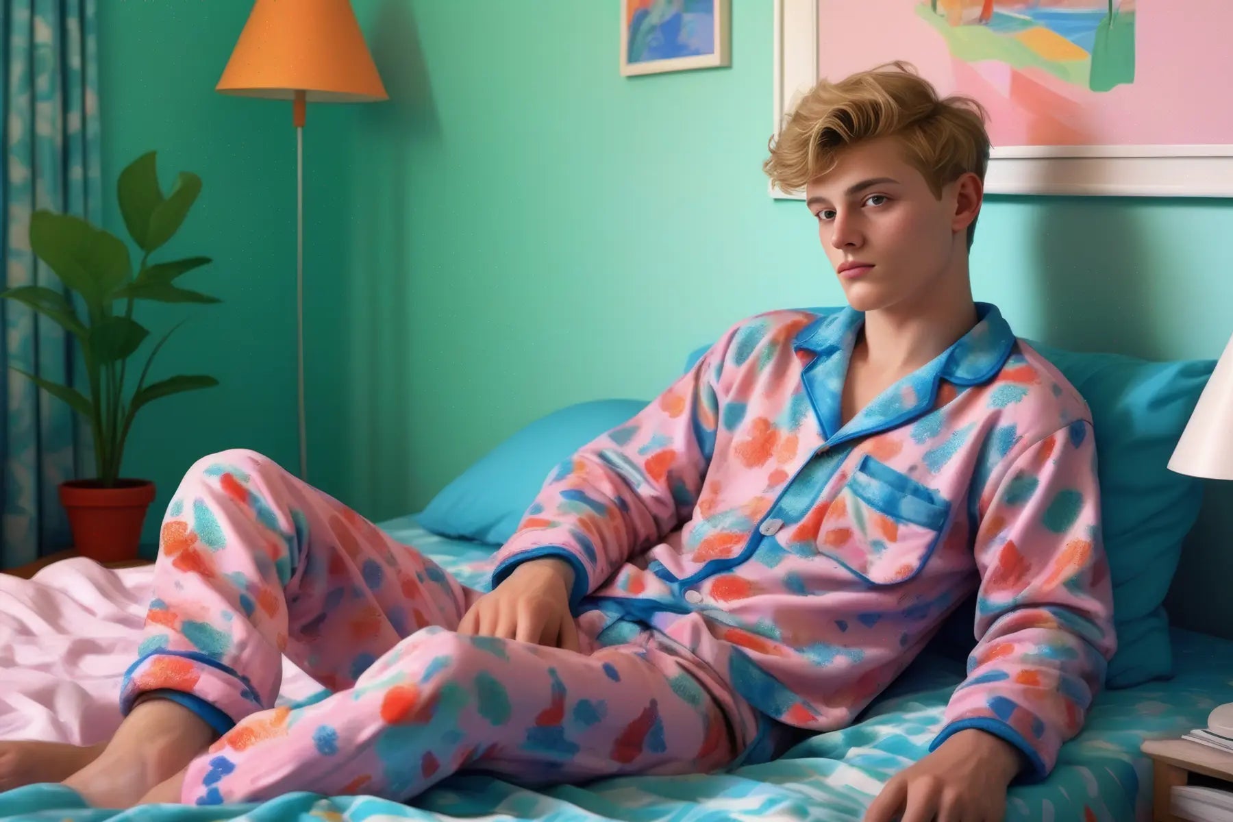 Gay Art Canvas - Junger Mann in buntem Pyjama | Kunstwerk Bilder KUNSTWERK BILDER