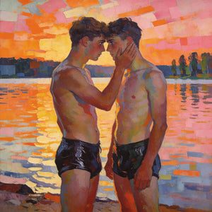 Zwei Männer vor dem Kuss, Sonnenuntergang am See, Macke Signac Stil, Pointillismus Lichtreflexe